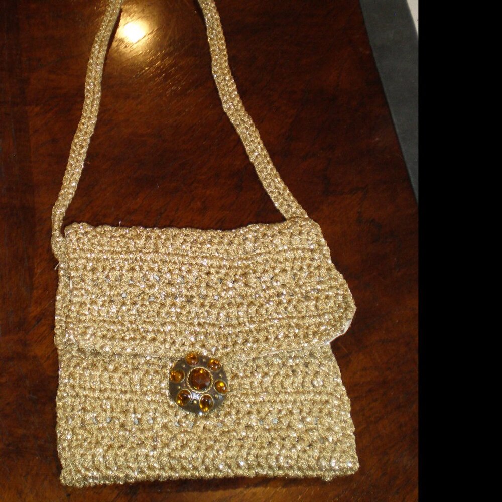 One of a Kind GOLD Hand Crocheted Evening Bag Purse w/Antique Button Closure